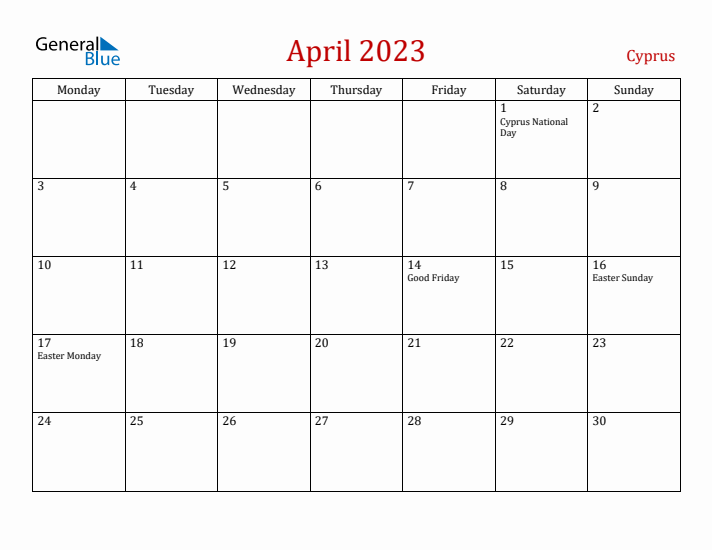 Cyprus April 2023 Calendar - Monday Start