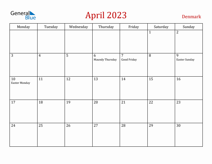 Denmark April 2023 Calendar - Monday Start