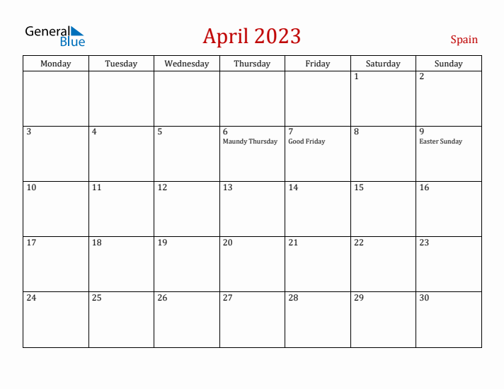 Spain April 2023 Calendar - Monday Start