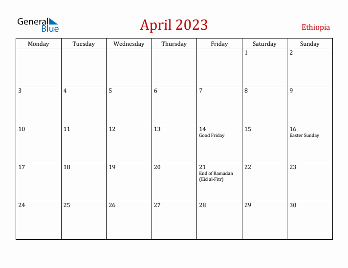Ethiopia April 2023 Calendar - Monday Start