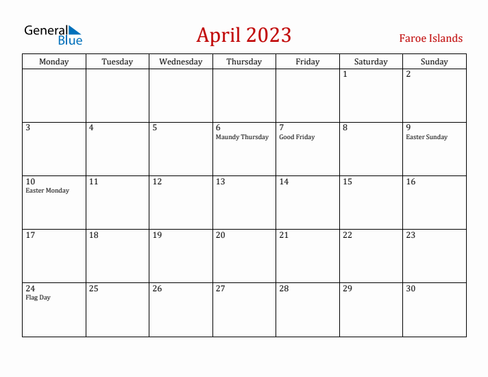 Faroe Islands April 2023 Calendar - Monday Start