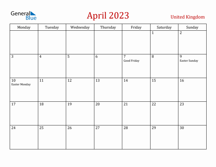 United Kingdom April 2023 Calendar - Monday Start