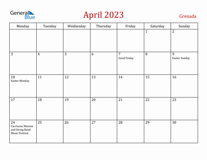 Grenada April 2023 Calendar - Monday Start