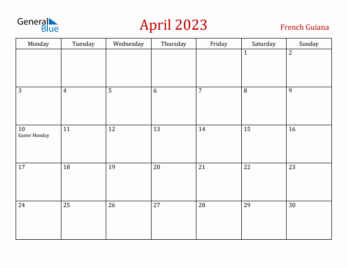 French Guiana April 2023 Calendar - Monday Start