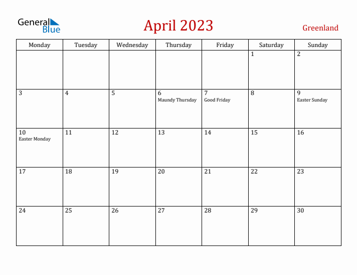Greenland April 2023 Calendar - Monday Start