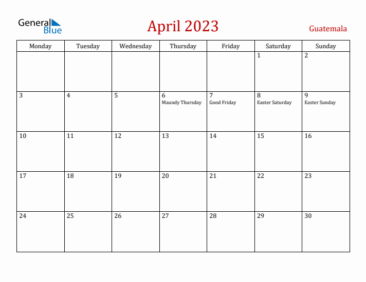 Guatemala April 2023 Calendar - Monday Start