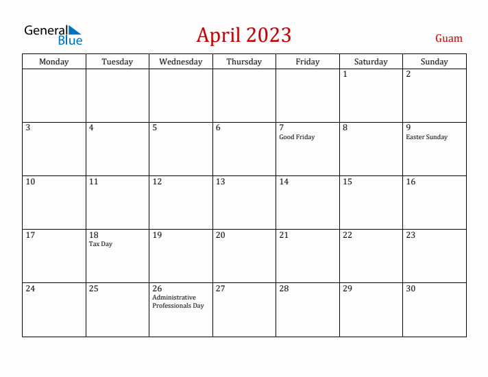 Guam April 2023 Calendar - Monday Start