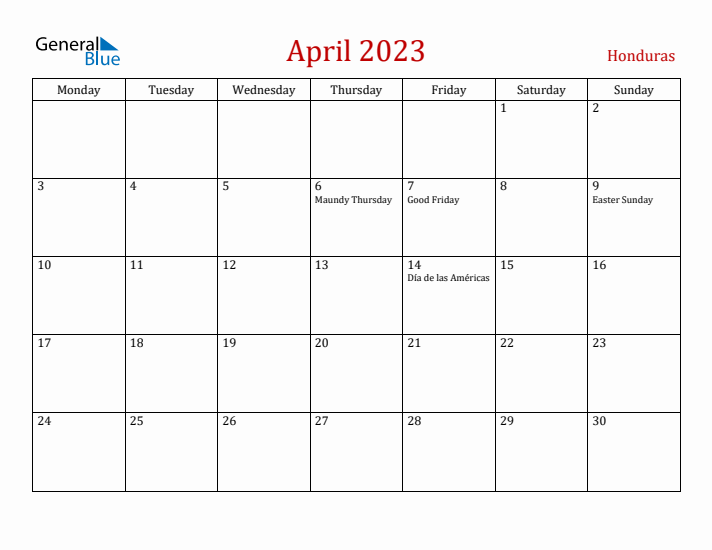 Honduras April 2023 Calendar - Monday Start