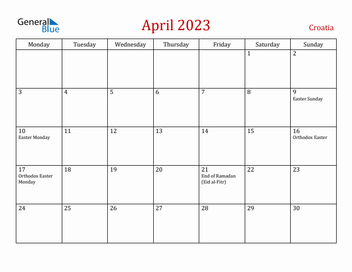 Croatia April 2023 Calendar - Monday Start