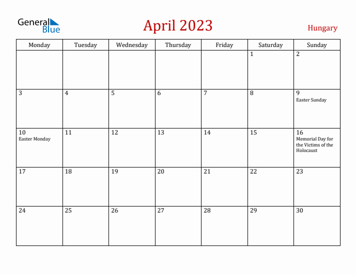 Hungary April 2023 Calendar - Monday Start