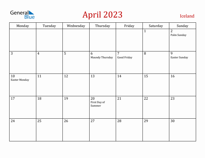 Iceland April 2023 Calendar - Monday Start