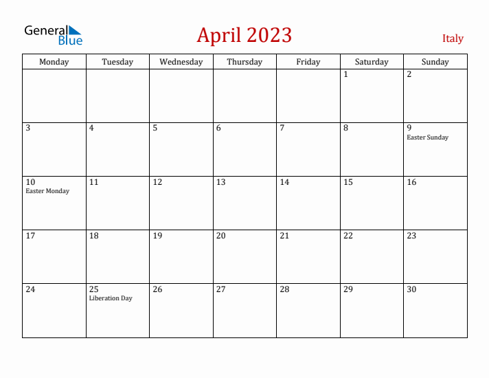 Italy April 2023 Calendar - Monday Start