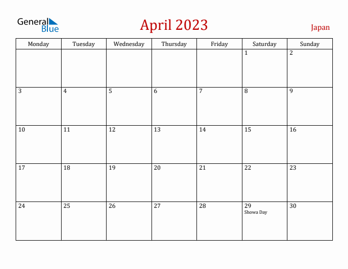 Japan April 2023 Calendar - Monday Start