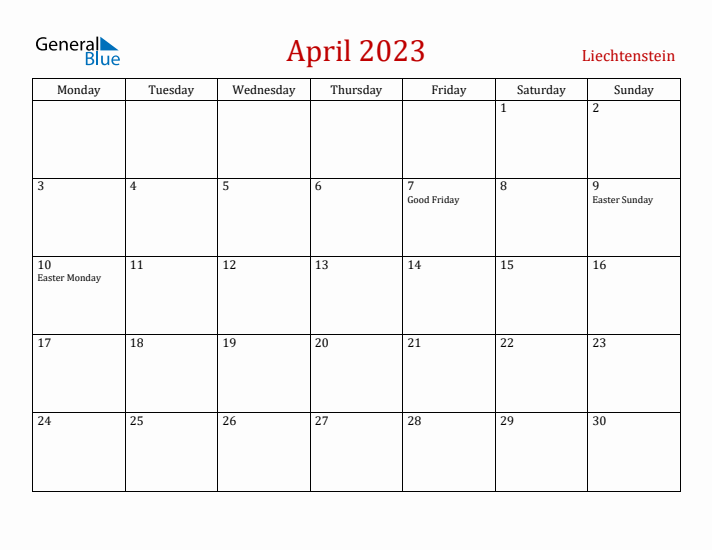 Liechtenstein April 2023 Calendar - Monday Start