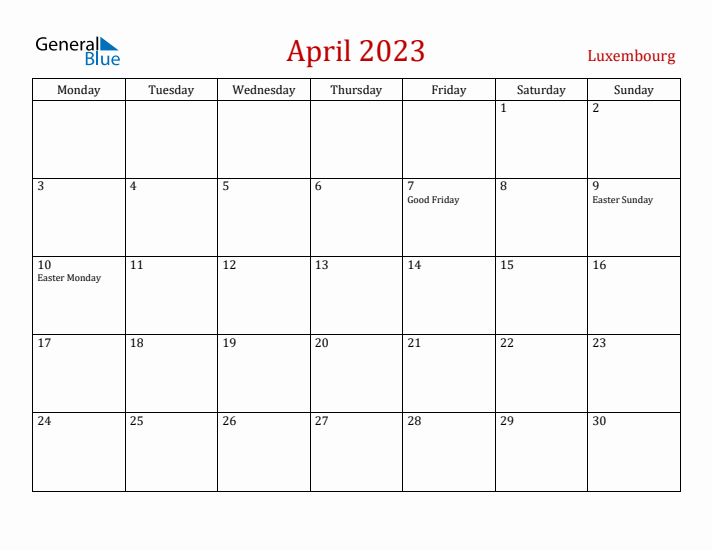 Luxembourg April 2023 Calendar - Monday Start