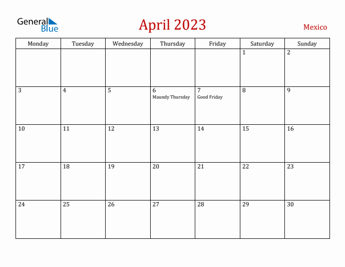 Mexico April 2023 Calendar - Monday Start