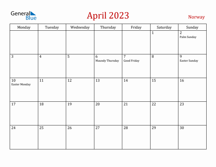 Norway April 2023 Calendar - Monday Start