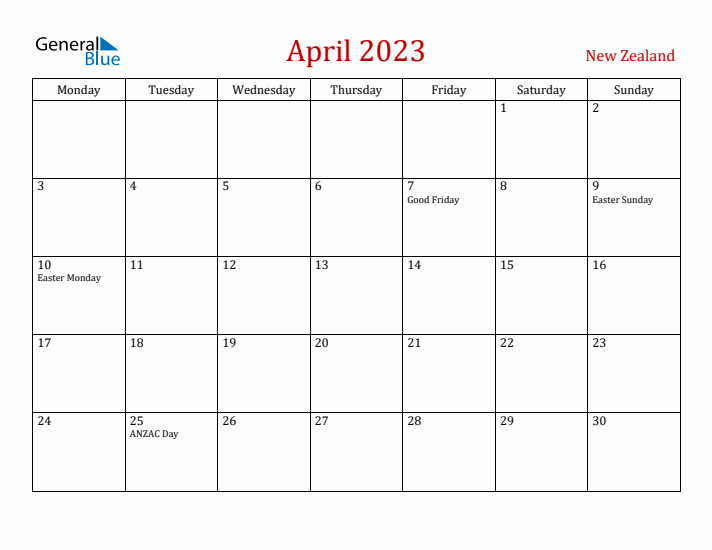 New Zealand April 2023 Calendar - Monday Start