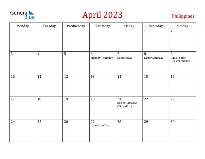 Philippines April 2023 Calendar - Monday Start