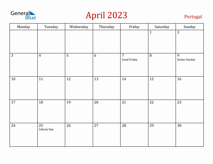 Portugal April 2023 Calendar - Monday Start