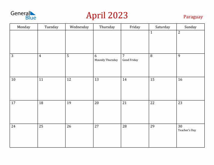 Paraguay April 2023 Calendar - Monday Start