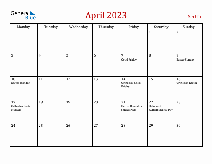 Serbia April 2023 Calendar - Monday Start