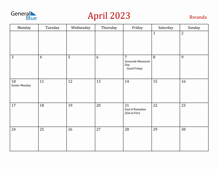 Rwanda April 2023 Calendar - Monday Start