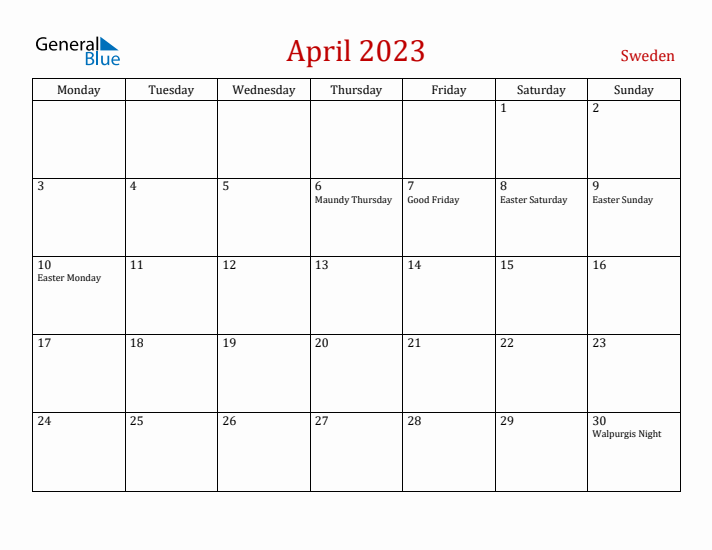 Sweden April 2023 Calendar - Monday Start
