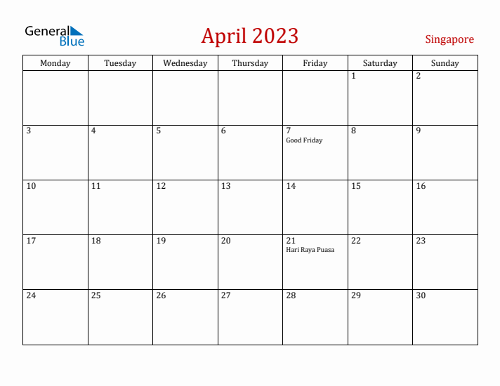 Singapore April 2023 Calendar - Monday Start