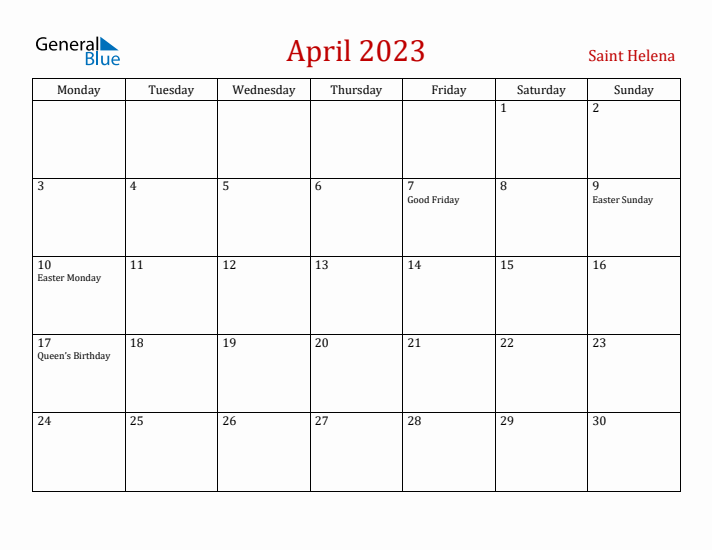 Saint Helena April 2023 Calendar - Monday Start
