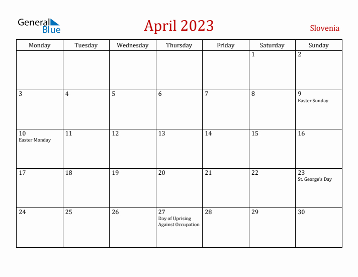 Slovenia April 2023 Calendar - Monday Start