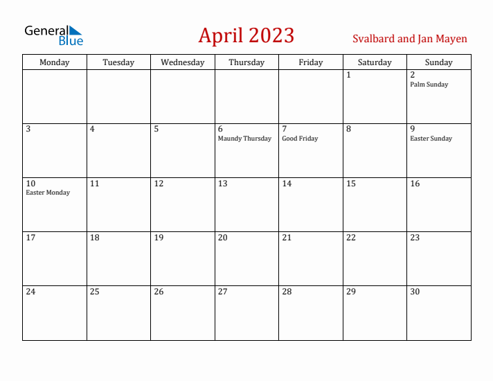 Svalbard and Jan Mayen April 2023 Calendar - Monday Start