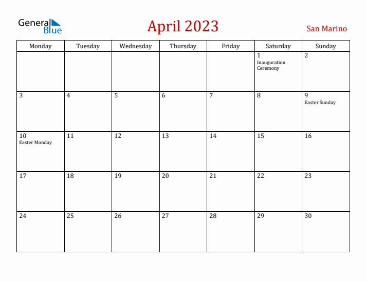 San Marino April 2023 Calendar - Monday Start