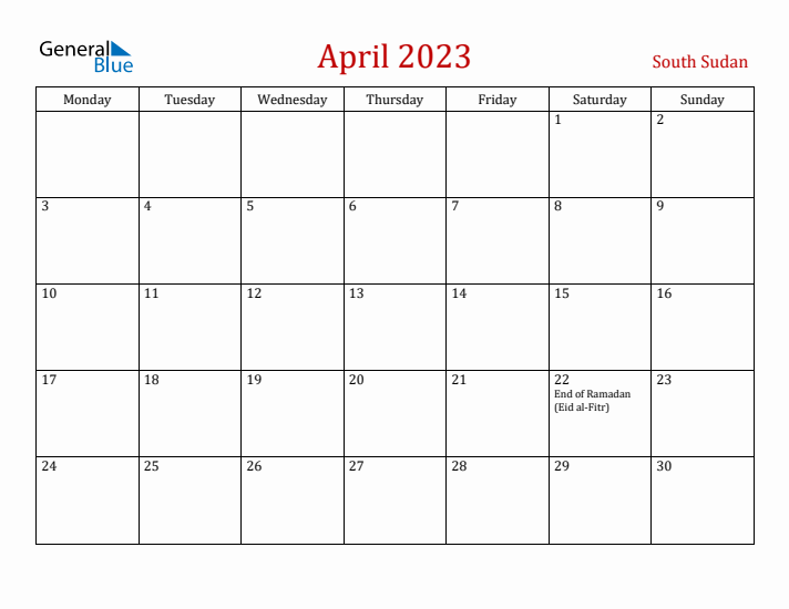 South Sudan April 2023 Calendar - Monday Start