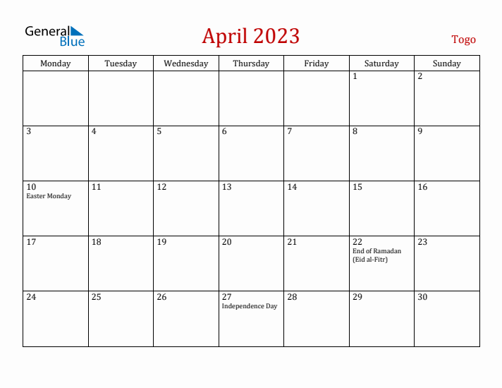 Togo April 2023 Calendar - Monday Start
