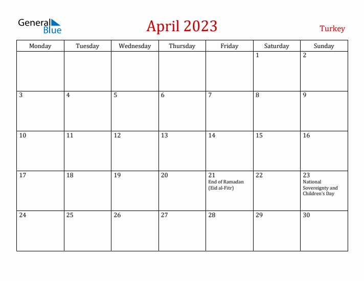 Turkey April 2023 Calendar - Monday Start