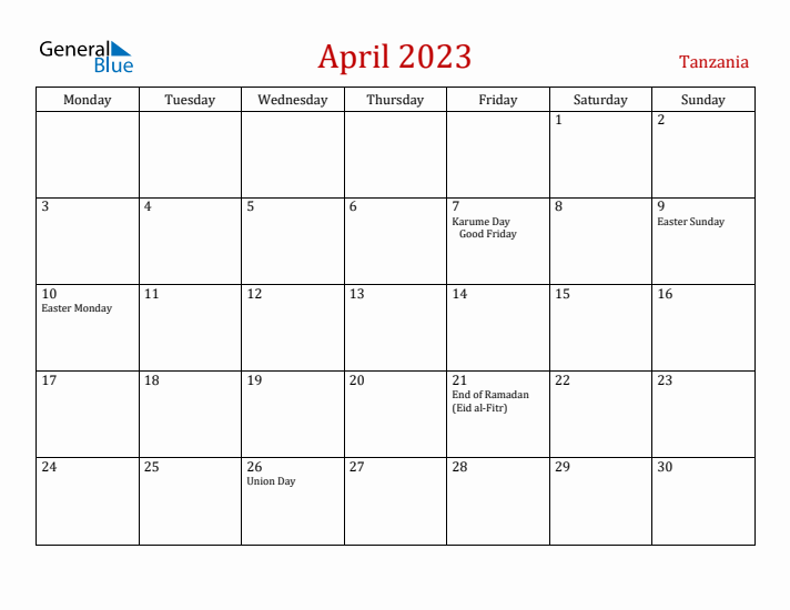 Tanzania April 2023 Calendar - Monday Start