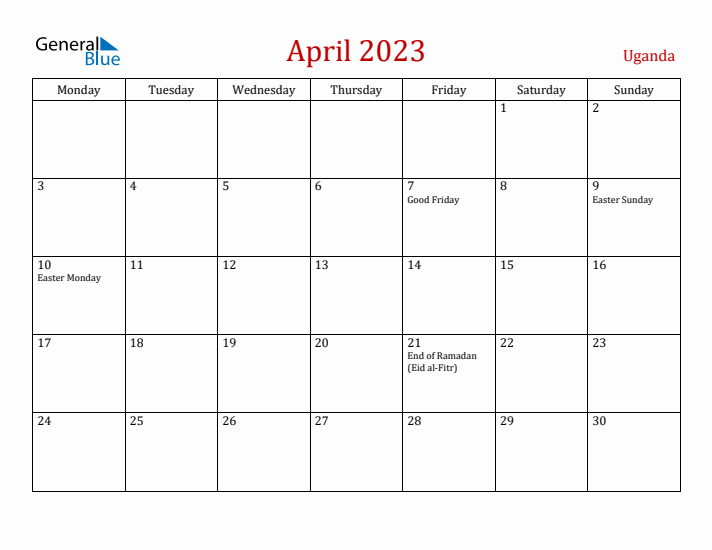 Uganda April 2023 Calendar - Monday Start