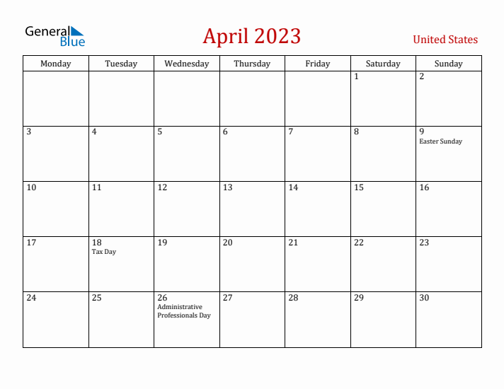 United States April 2023 Calendar - Monday Start