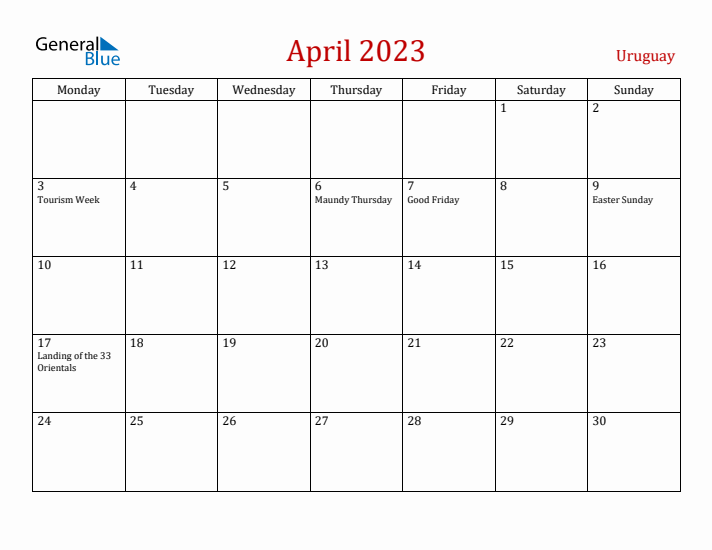 Uruguay April 2023 Calendar - Monday Start