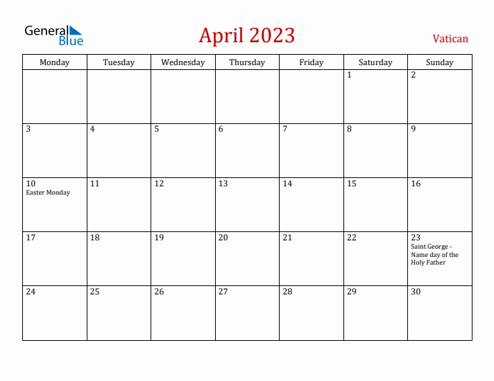Vatican April 2023 Calendar - Monday Start