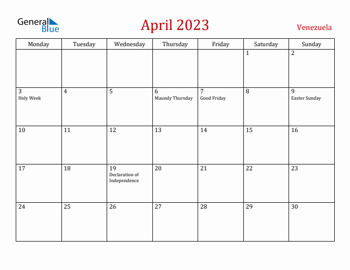 Venezuela April 2023 Calendar - Monday Start