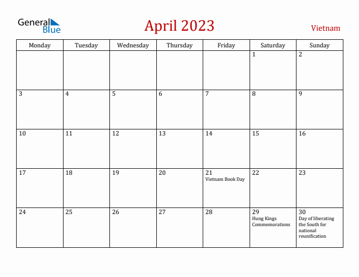 Vietnam April 2023 Calendar - Monday Start