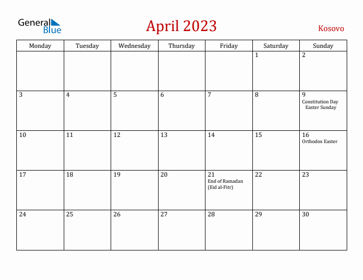 Kosovo April 2023 Calendar - Monday Start