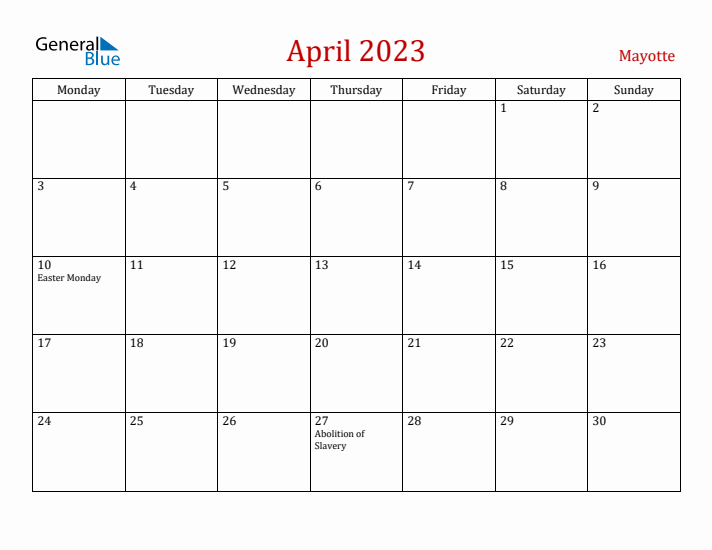 Mayotte April 2023 Calendar - Monday Start