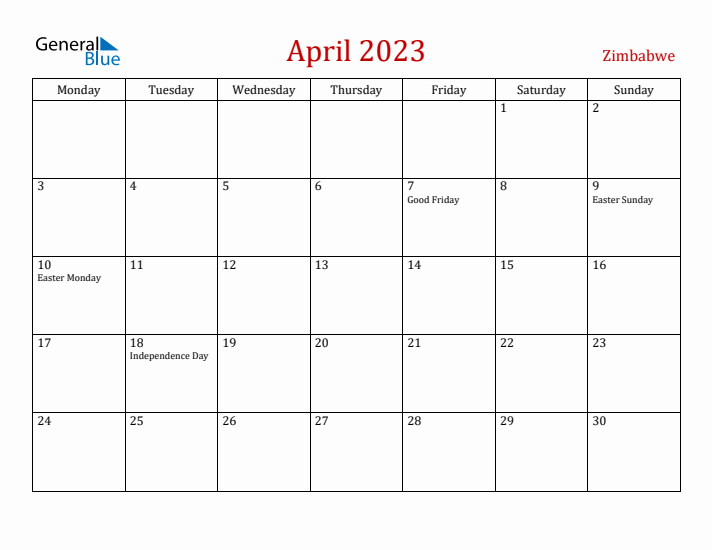 Zimbabwe April 2023 Calendar - Monday Start