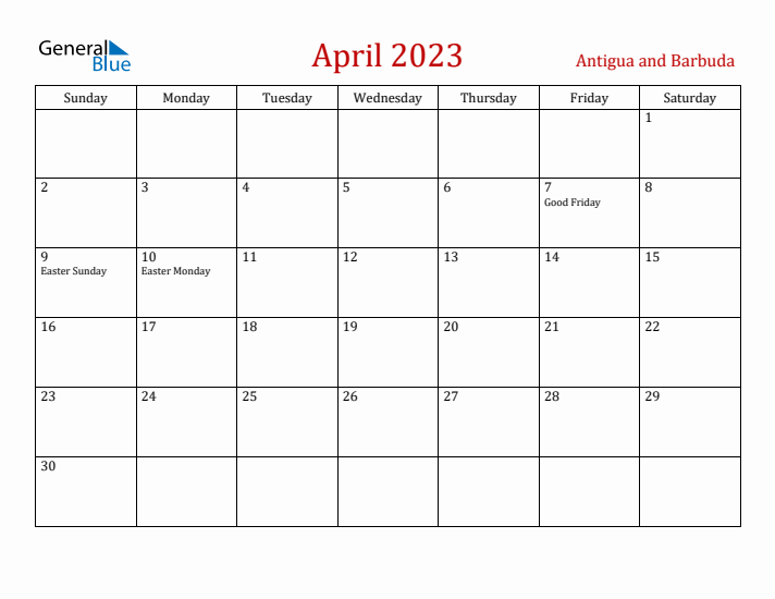 Antigua and Barbuda April 2023 Calendar - Sunday Start