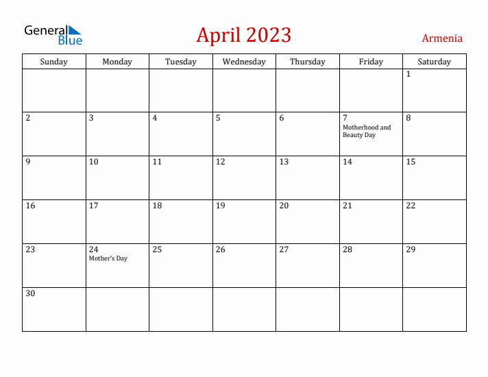 Armenia April 2023 Calendar - Sunday Start