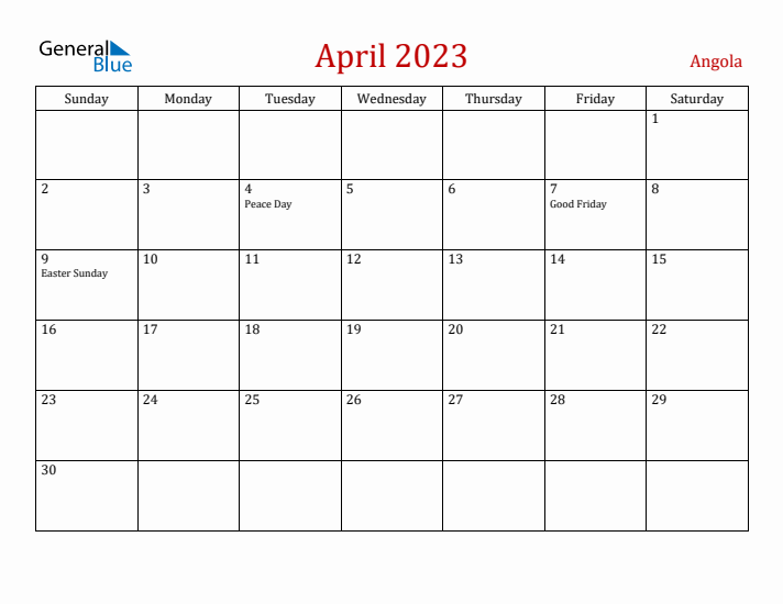 Angola April 2023 Calendar - Sunday Start