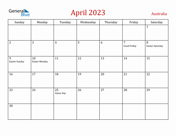 Australia April 2023 Calendar - Sunday Start